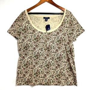 NWT Chaps XL Short Sleeve Top Brown Floral Print Scoop Neck Coquette Cottagecore